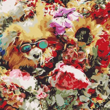 Chien dans les fleurs