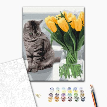 Die Katze mit Tulpen