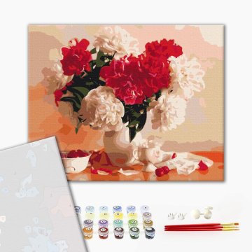 Red and white peonies and cherries