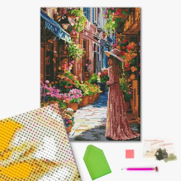 A girl on a flowery street