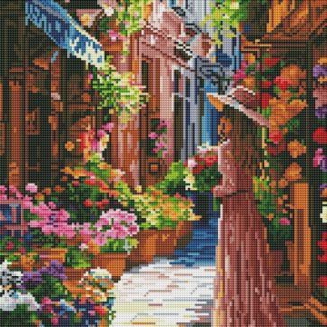 A girl on a flowery street