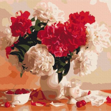 Red and white peonies and cherries