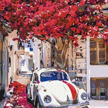 Cars on a flowering street