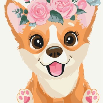 Corgi într-o coroană de flori