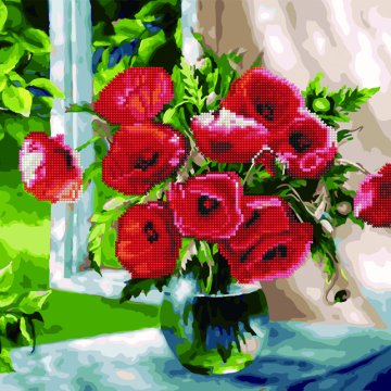 Bouquet of poppies in the window