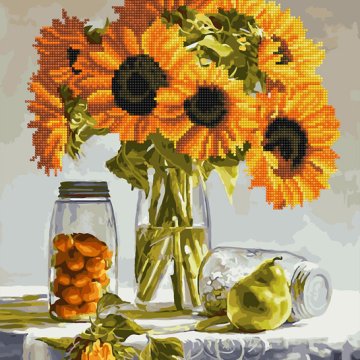 Still life with sunflowers and fruits