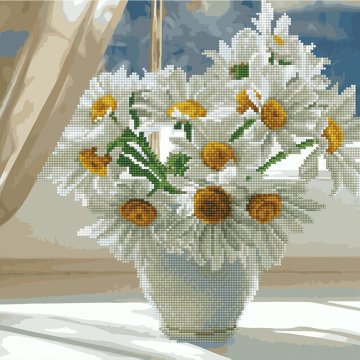 Chamomiles in a white vase on the window