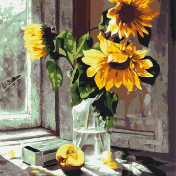 Boeket zonnebloemen voor het raam