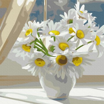 Chamomiles in a white vase on the window
